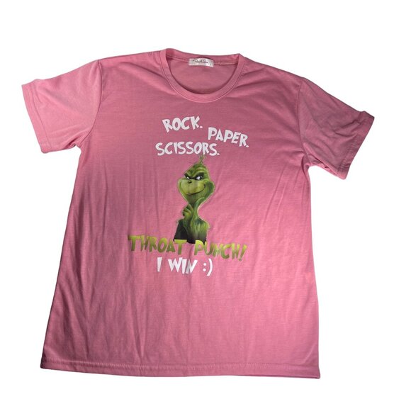 Fashion Tops - Womens Grinch Rock Paper Scissors Pink T-Shirt Large Christmas Holiday Funny
